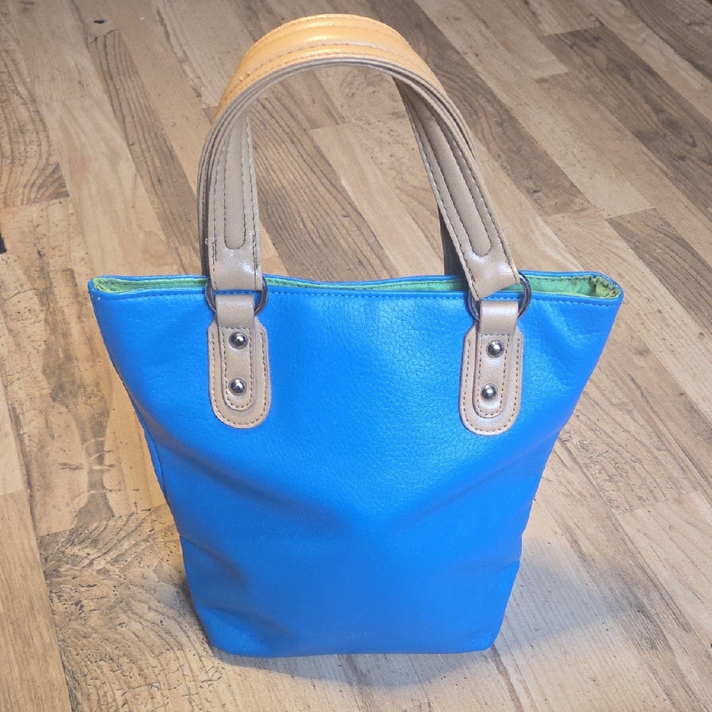 Bright Blue And Lime Green Small Tote Bag Double Handle Faux Leather